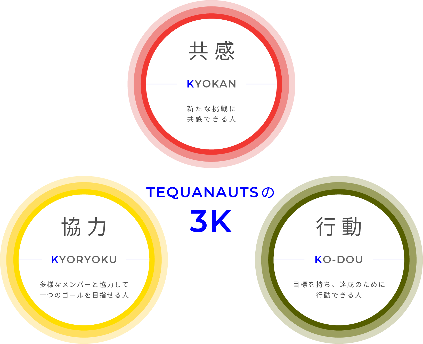 TEQUANAUTSの3K「共感」新たな挑戦に共感できる人、「協力」多様なメンバーと協力して一つのゴールを目指せる人、「行動」目標を持ち、達成のために行動できる人